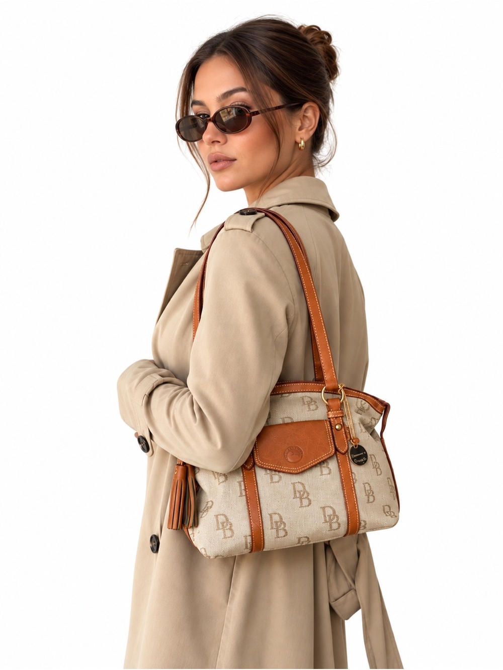 Dooney & Bourke Florentine Jacquard Front Pocket Satchel British Tan Leather EUC